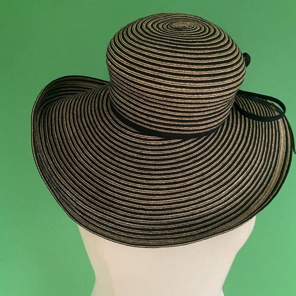 Eric Javits Wide Brim Straw Sun Hat with Black and beige stripes - Picture 2 of 6